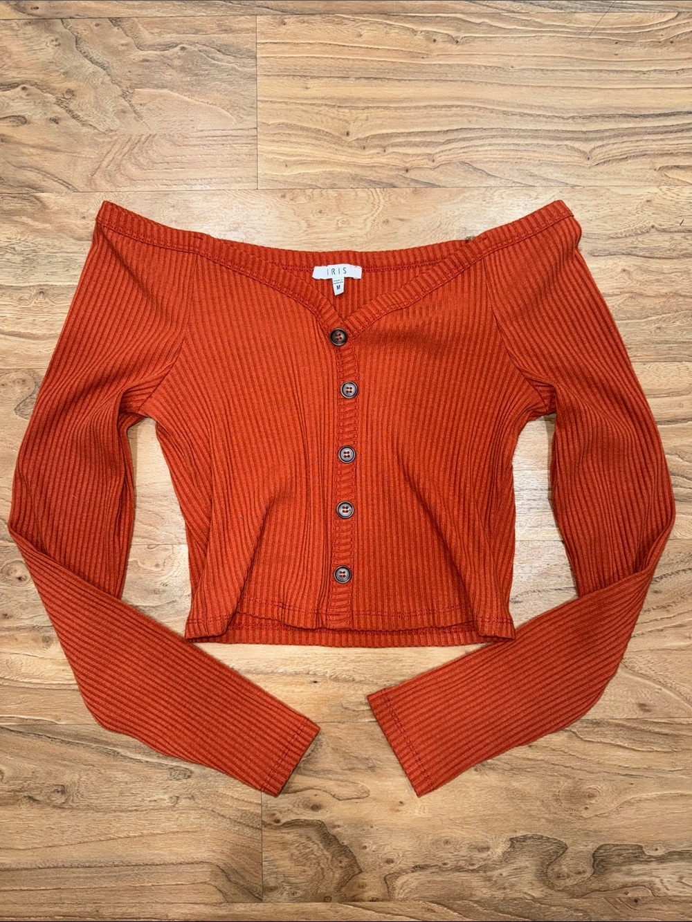 iris Rust Ribbed Off-Shoulder Button Cardigan